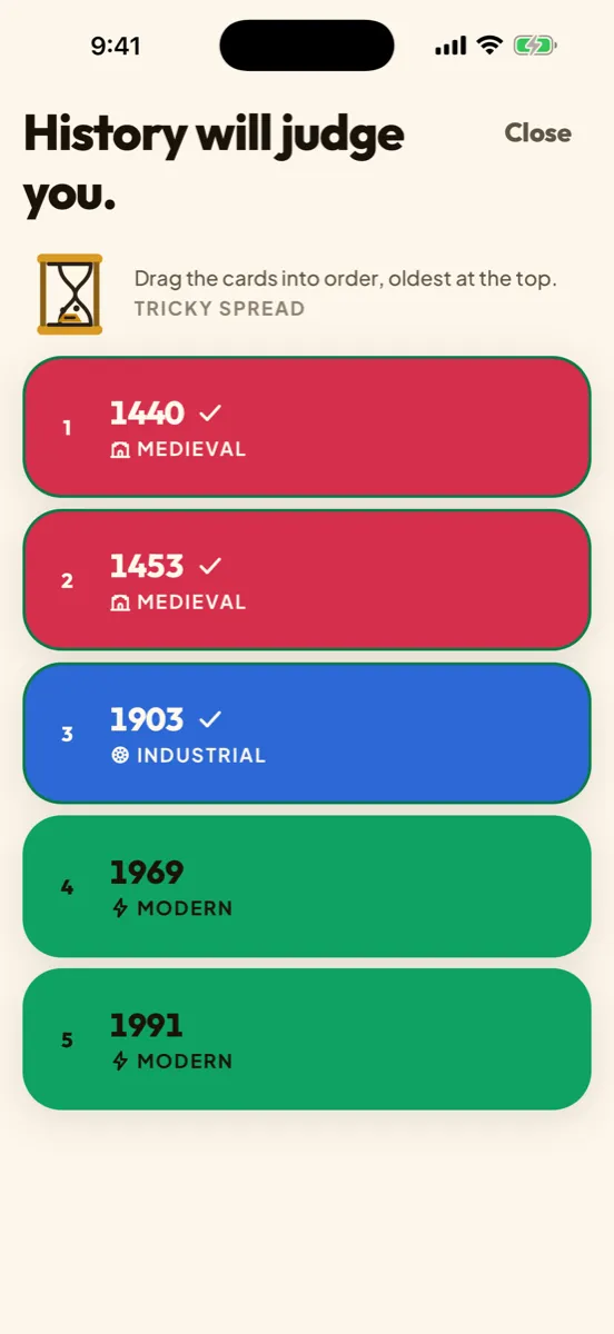 Datefall: Daily History Puzzle — app screenshot