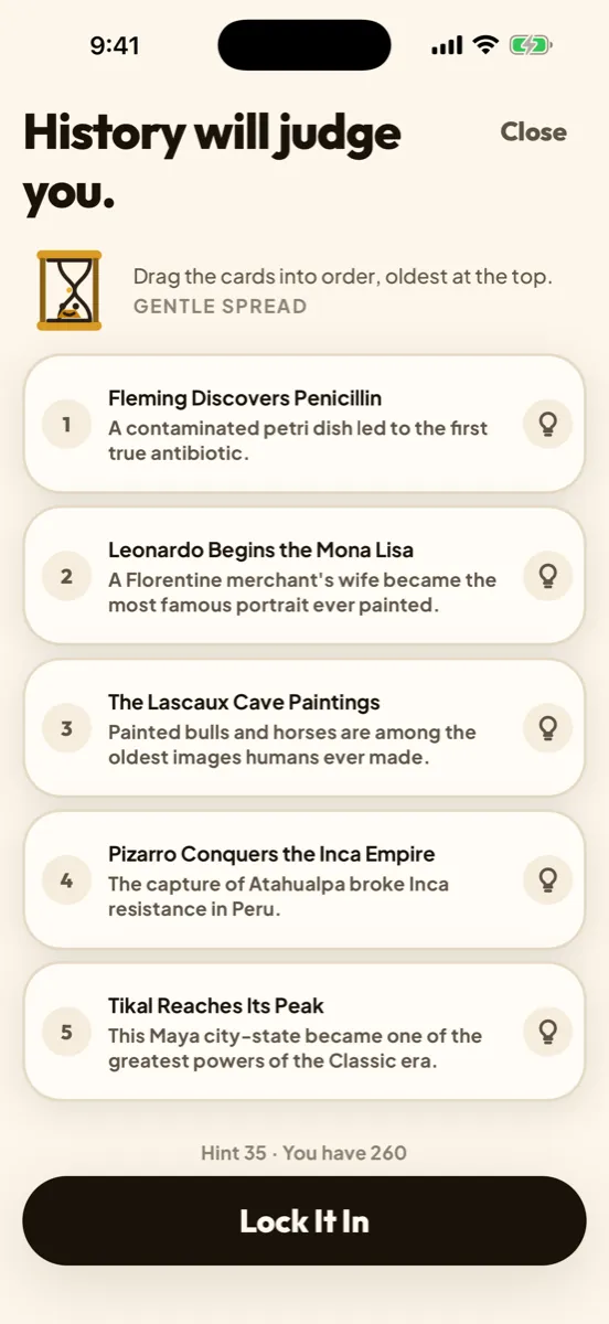 Datefall: Daily History Puzzle — app screenshot