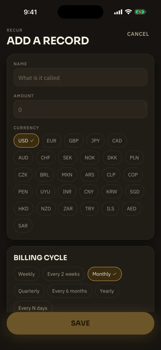 Recur — capture de l'app