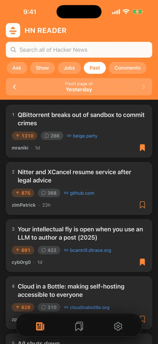 Orange Reader for HN — app screenshot