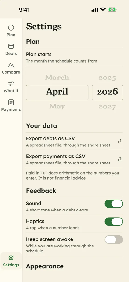 Paid in Full: Debt Free Date — app screenshot