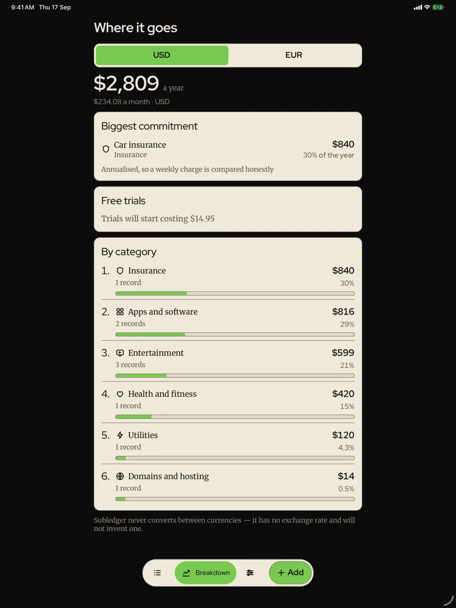 Subledger — app screenshot