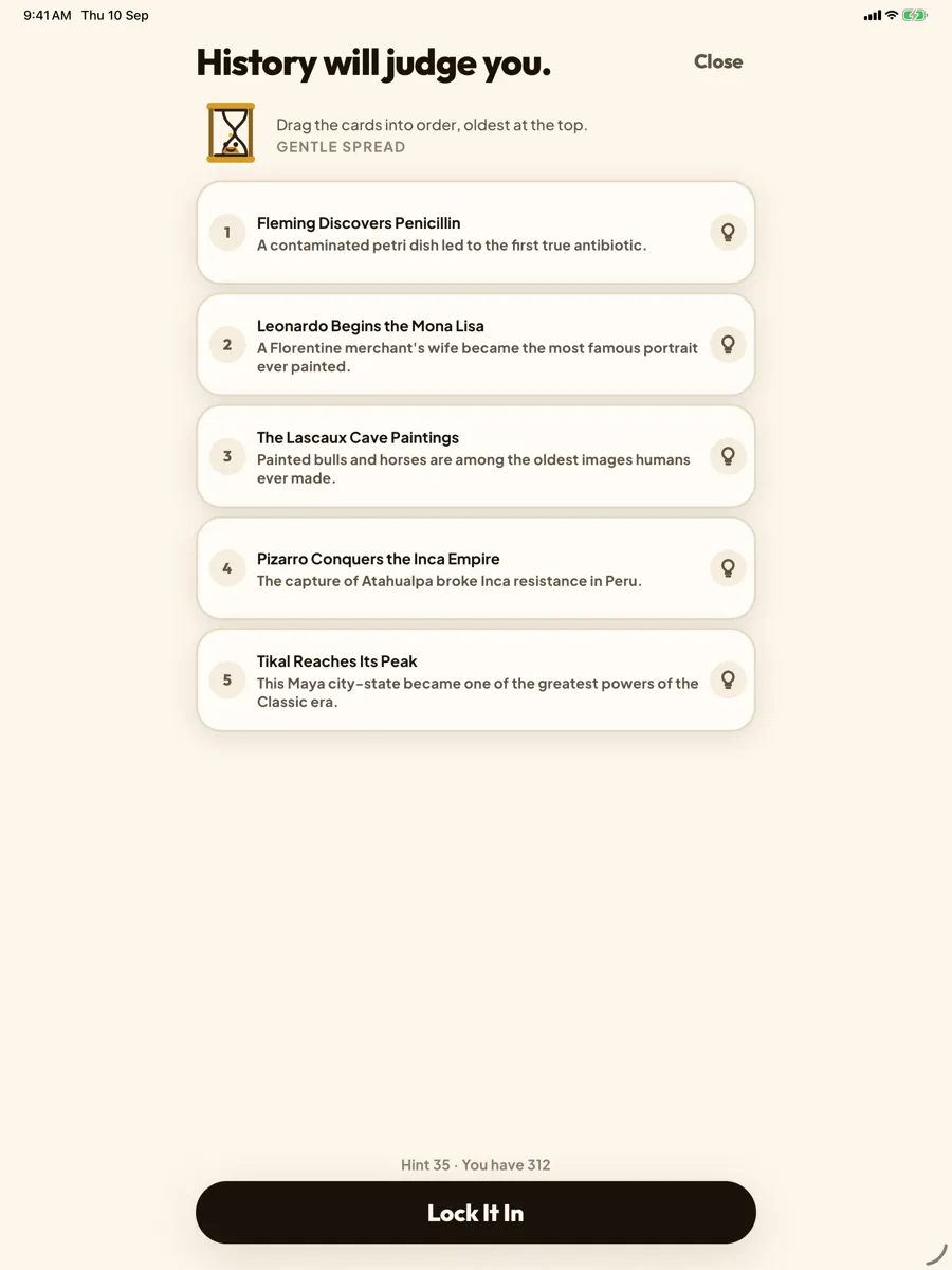Datefall: Daily History Puzzle — app screenshot