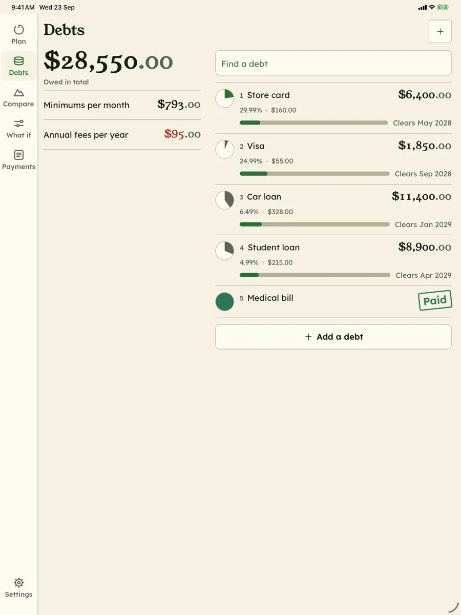 Paid in Full: Debt Free Date — app screenshot
