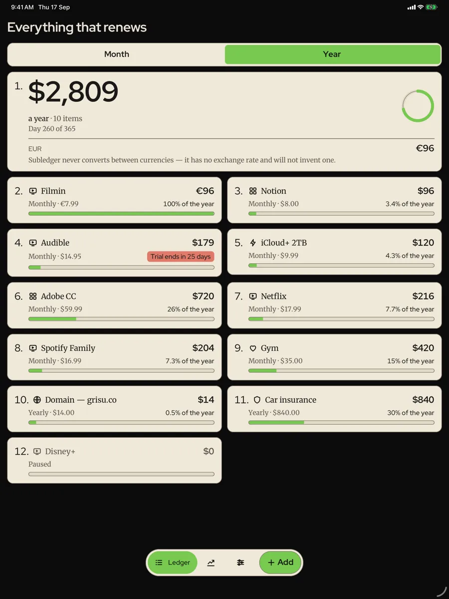 Subledger — app screenshot