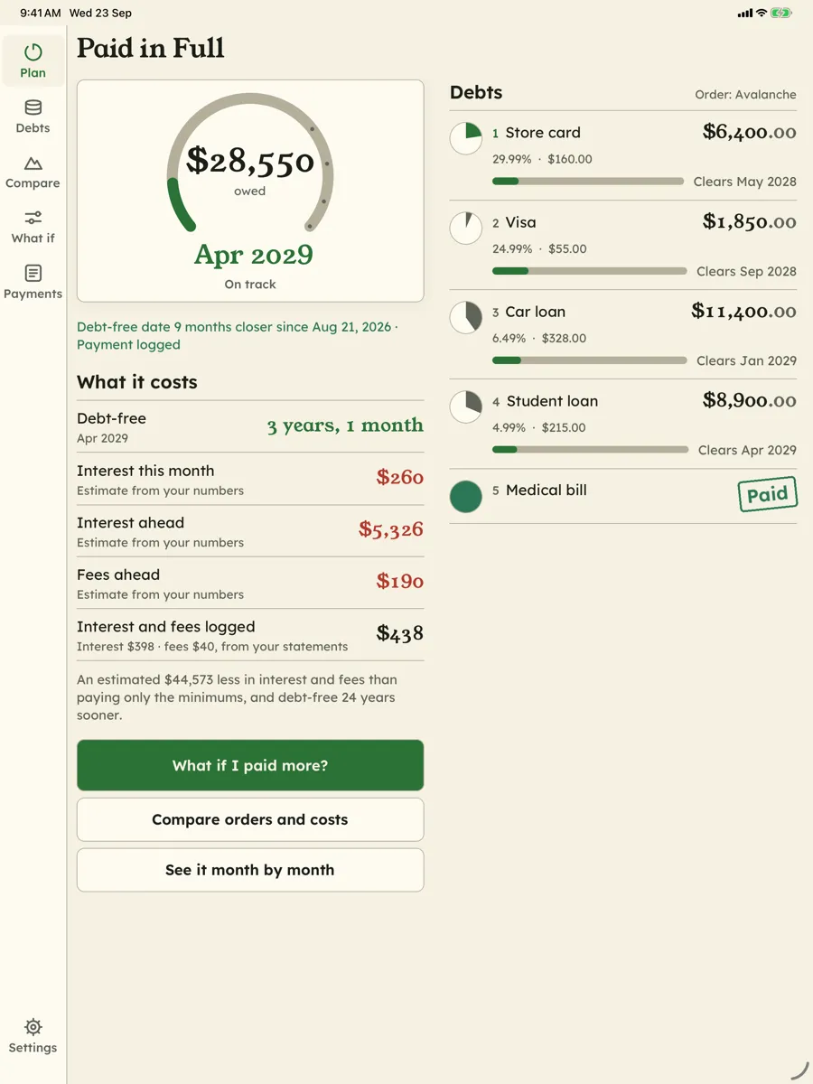 Paid in Full: Debt Free Date — app screenshot