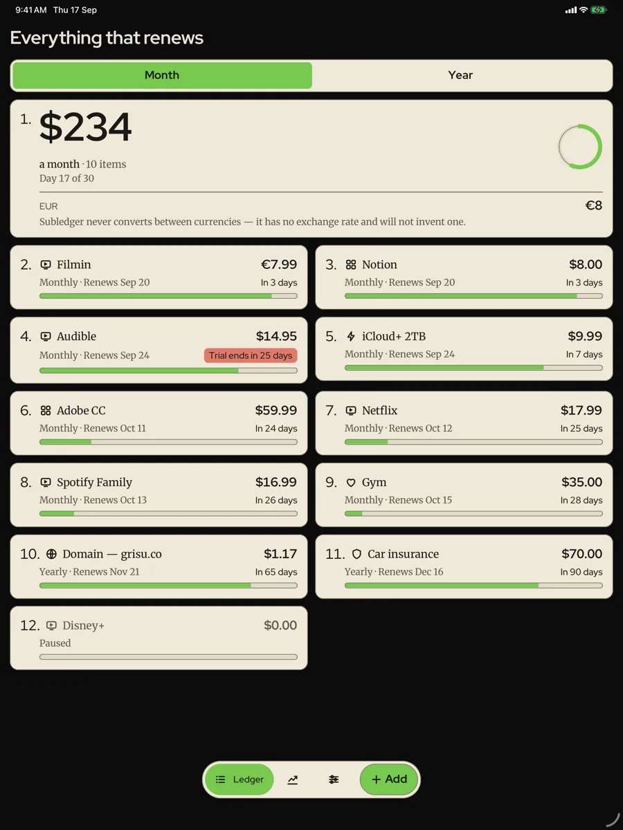 Subledger — app screenshot