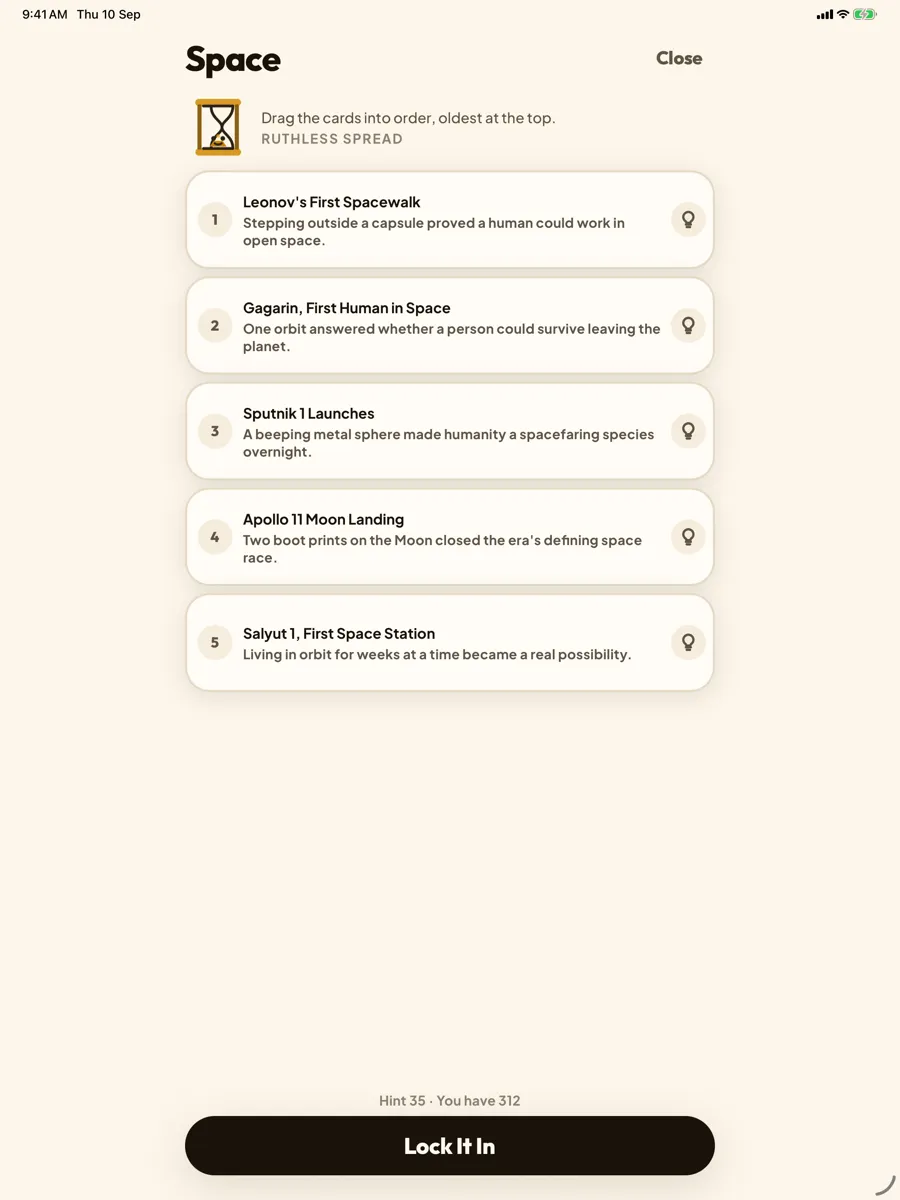 Datefall: Daily History Puzzle — app screenshot