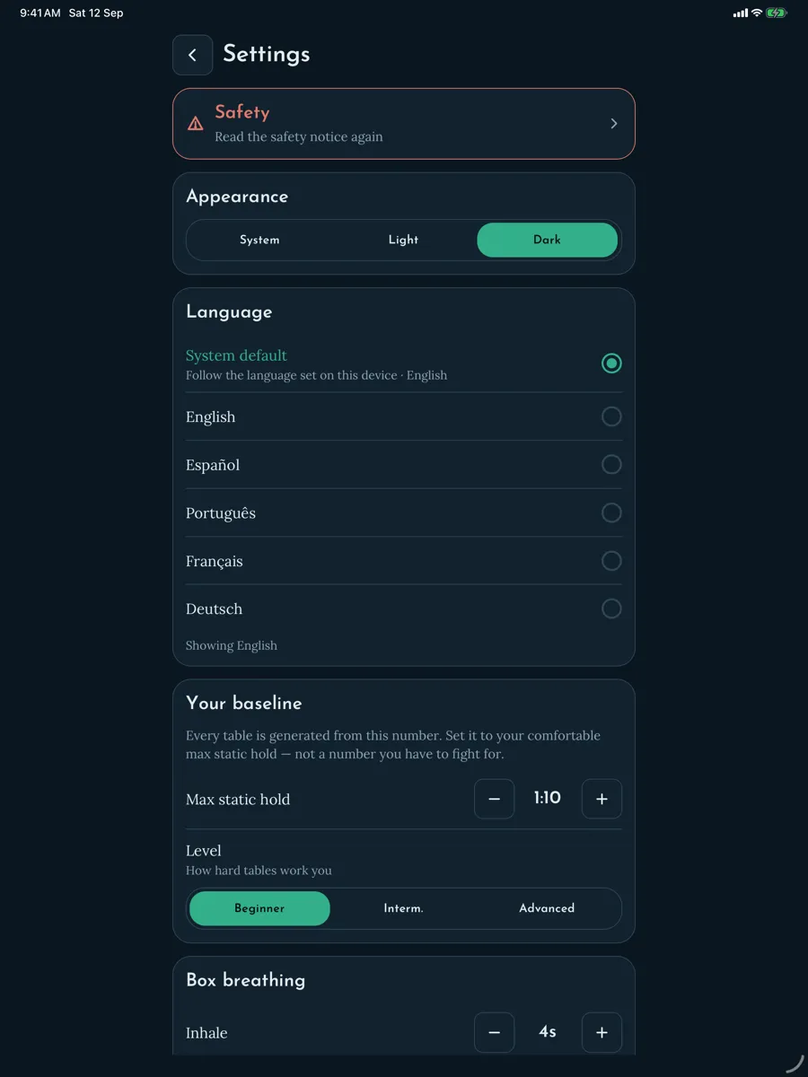 Breathhold — capture de l'app