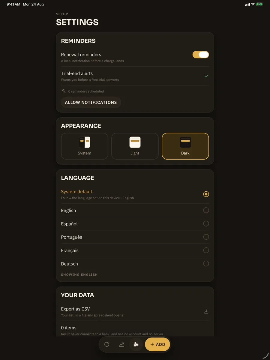 Recur — capture de l'app