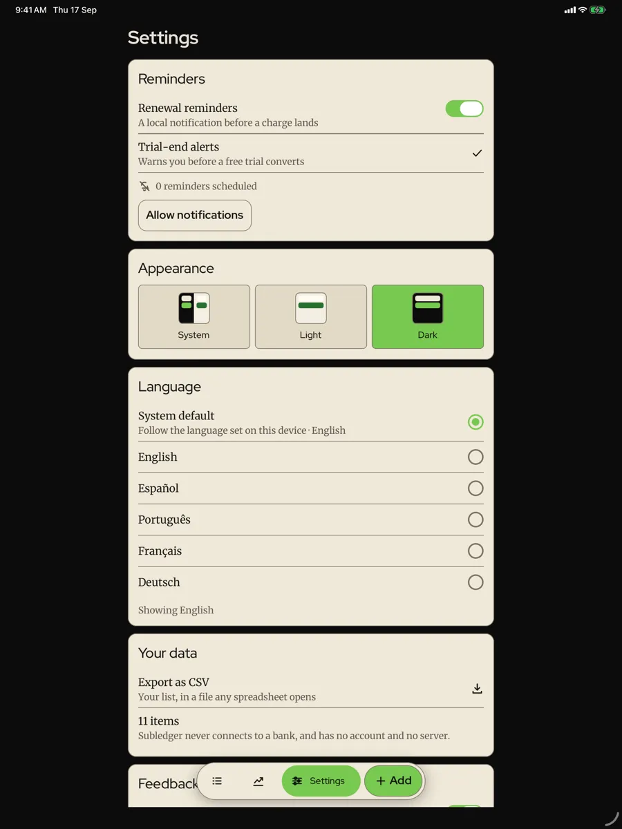 Subledger — app screenshot