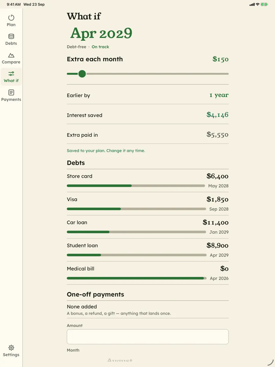 Paid in Full: Debt Free Date — app screenshot