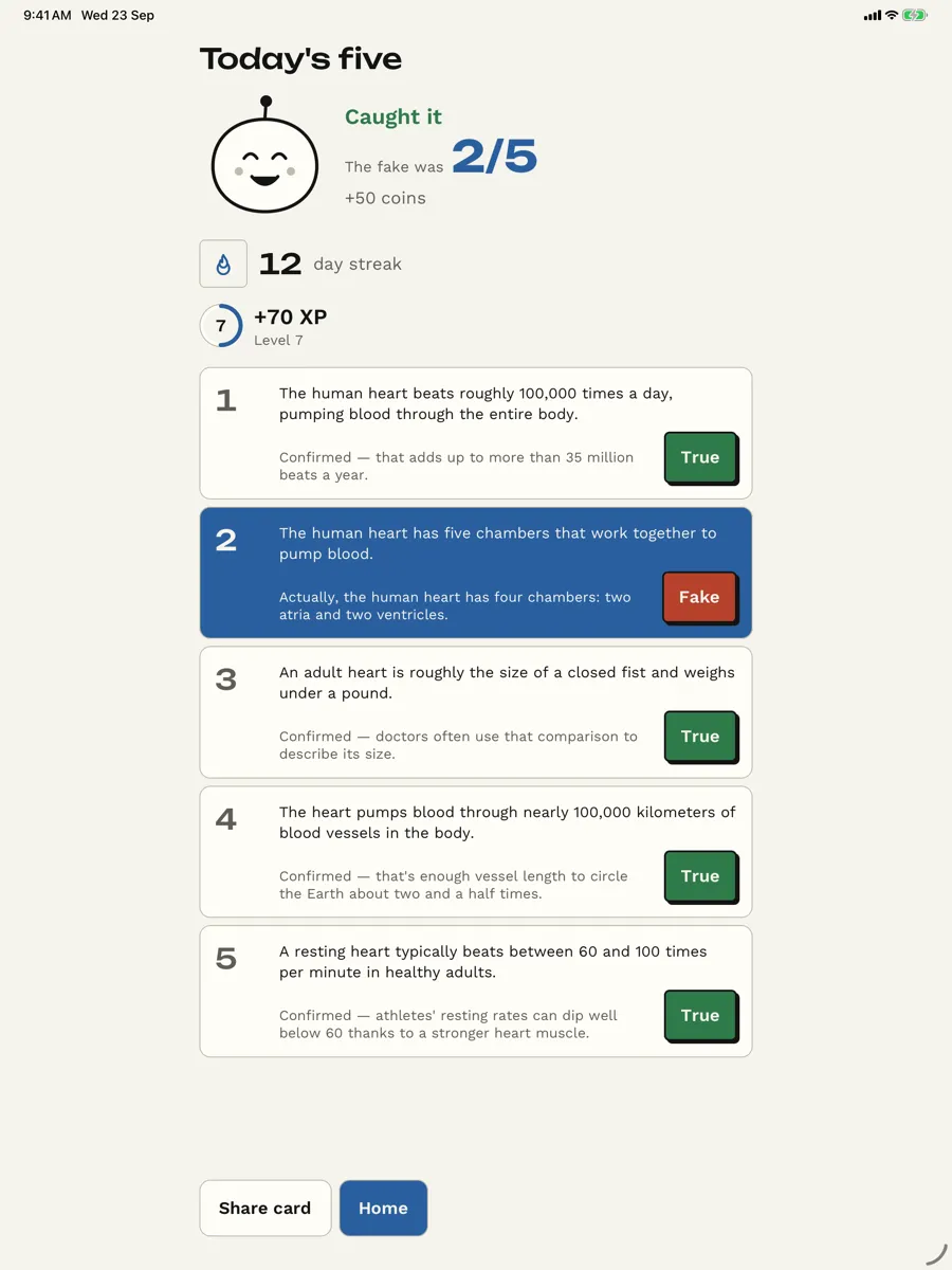 Five Facts: Daily Trivia Quiz — app screenshot